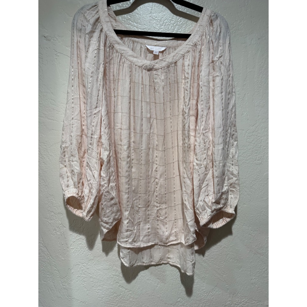 LC Lauren Conrad Womens XL Pink Metallic Plaid Herringbone Balloon Sleeve Blouse